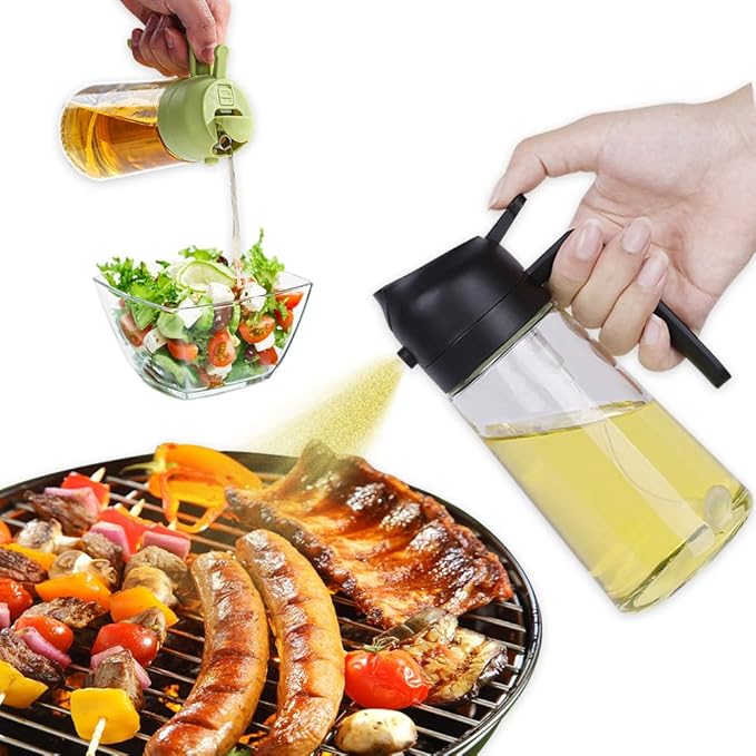 16oz Oil Dispenser Bottle for Kitchen, 2 in 1 Olive Oil Dispenser and Oil Sprayer, 470ml Olive Oil Spray Bottle,Cooking Oil Spray Glass for Used for Air Fryer, Baking, Grilling