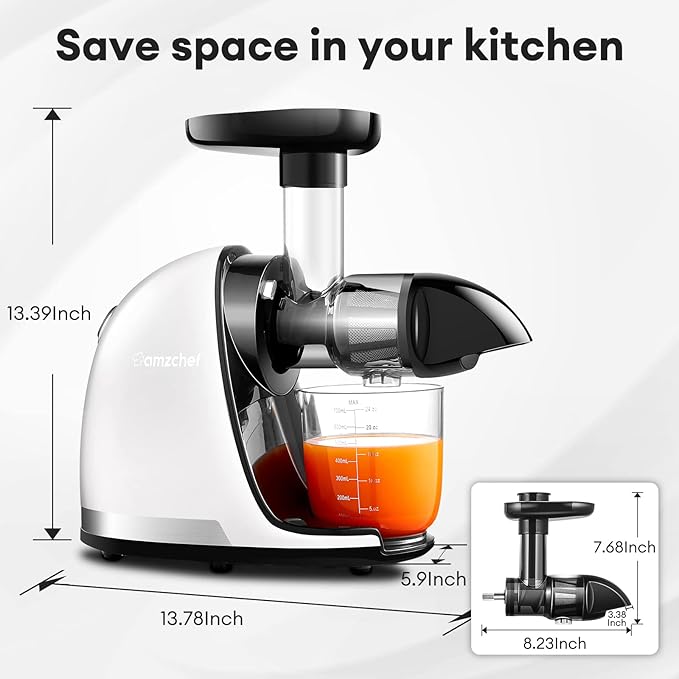 Cold PressJuicer,AMZCHEF Slow Masticating Juicer Machines with Reverse Function, High Juice Yield, Easy Clean with Brush,Recipes for High Nutrient Fruits and Vegetables, White(Updated)