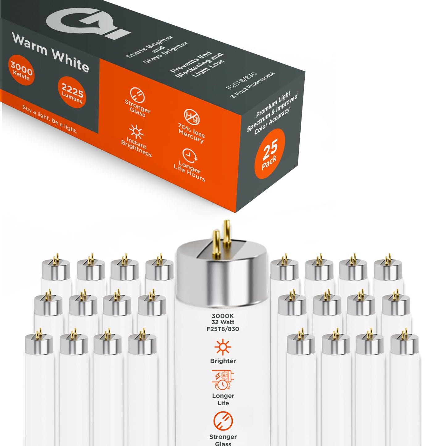 Goodbulb 25W T8 Fluorescent Light Bulb - 3000K Warm White, 2225 Lumens, 25 Count Pack