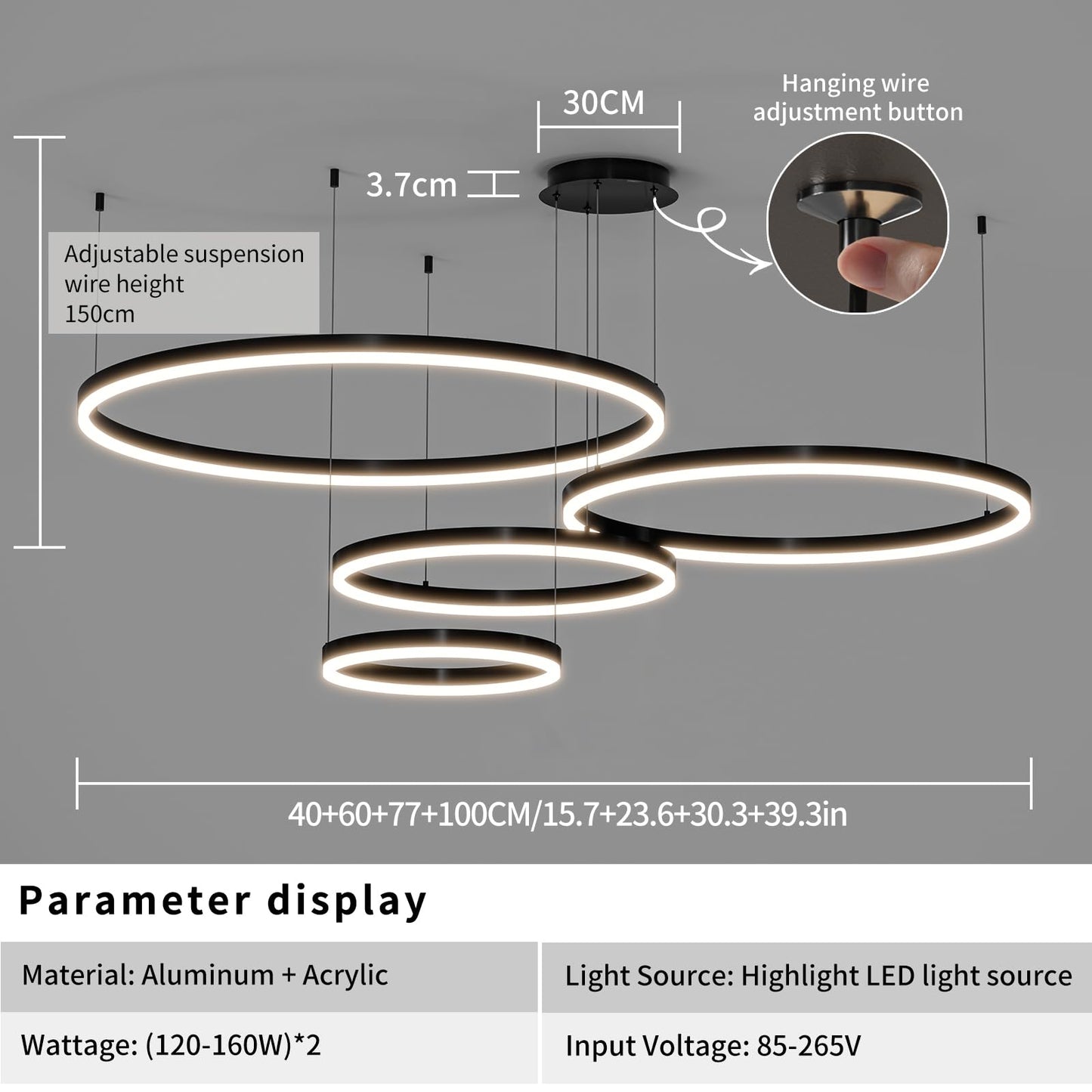 Matven Modern Dimmable Chandelier Light, Remote Control, 3 Color Modes, 15.7x23.6x31.4x39.3in, Black, Model KD-Y