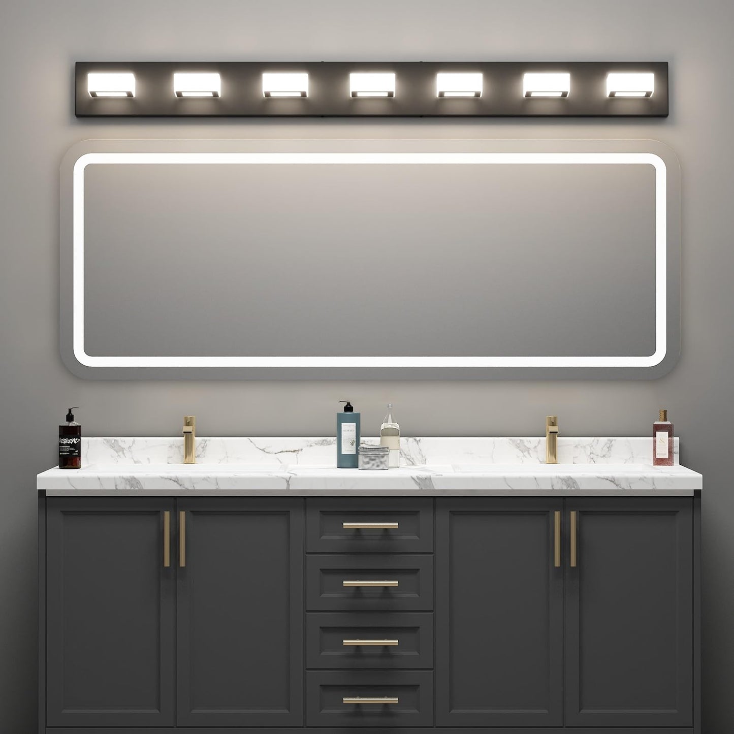 Ralbay 46 Led Vanity Lights, 7 Lights, Matte Black Metal, Natural White Light 4500K, Modern Bathroom Fixture