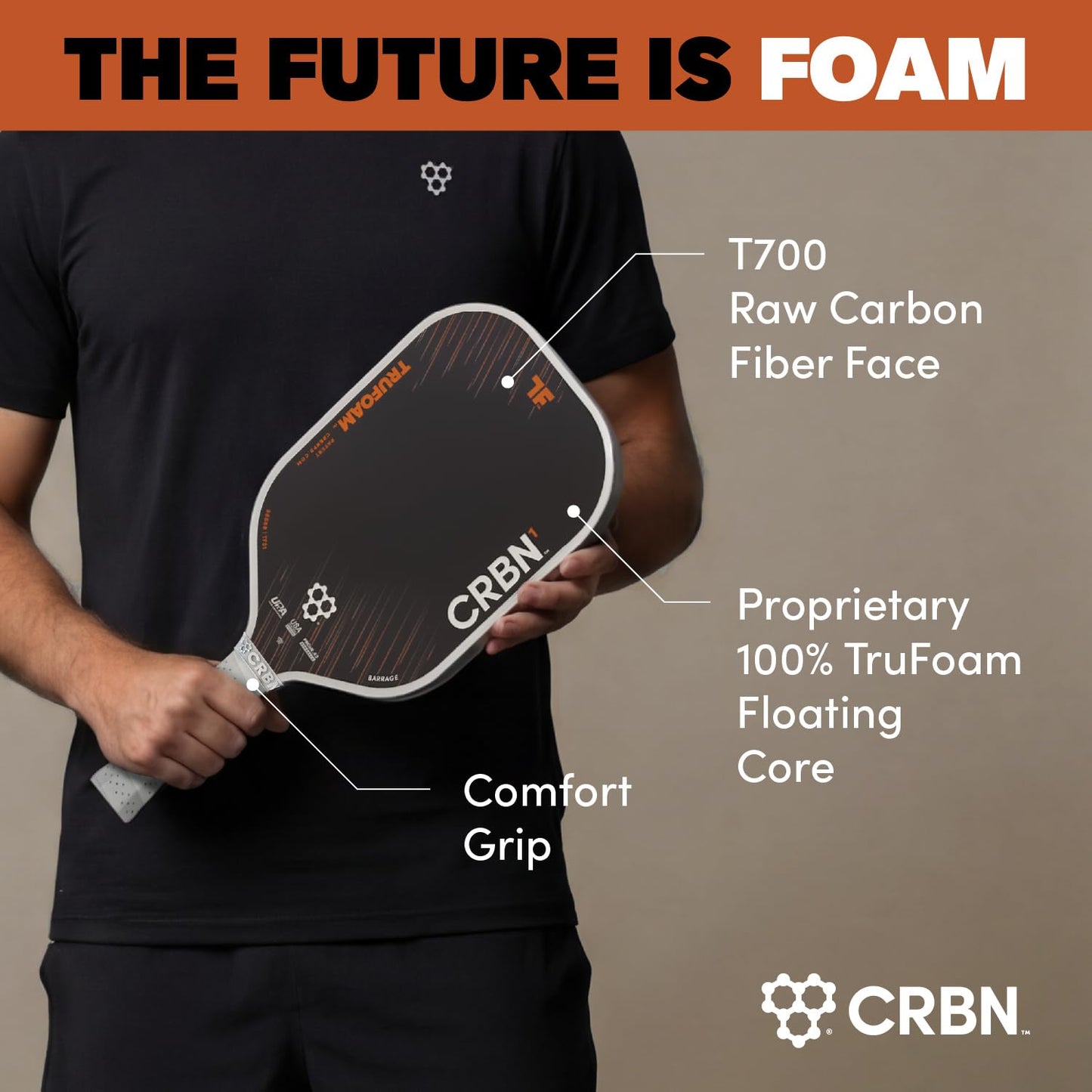 CRBN Pickleball - TruFoam Barrage 2 Pickleball Paddle - Square Shape - Carbon Fiber Pickleball Paddle - 100% Foam Floating Core Designed for Maximum Power, 14mm