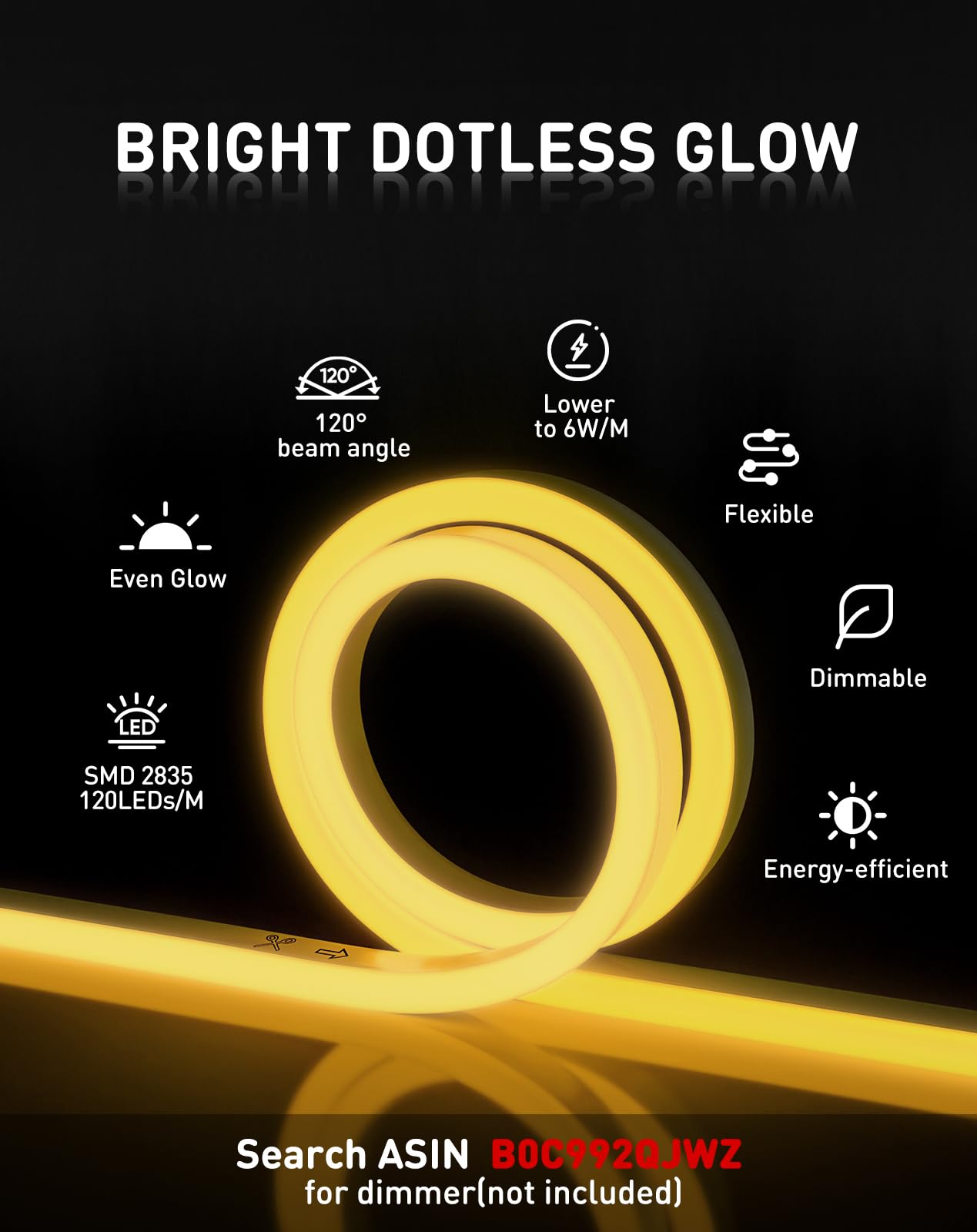 Shine Decor LED Neon Rope Lights, 98.4FT Flexible Waterproof Strip, Warm White, 30M, AC 110V 120V, 120 LEDs/M for Home and Commercial Use