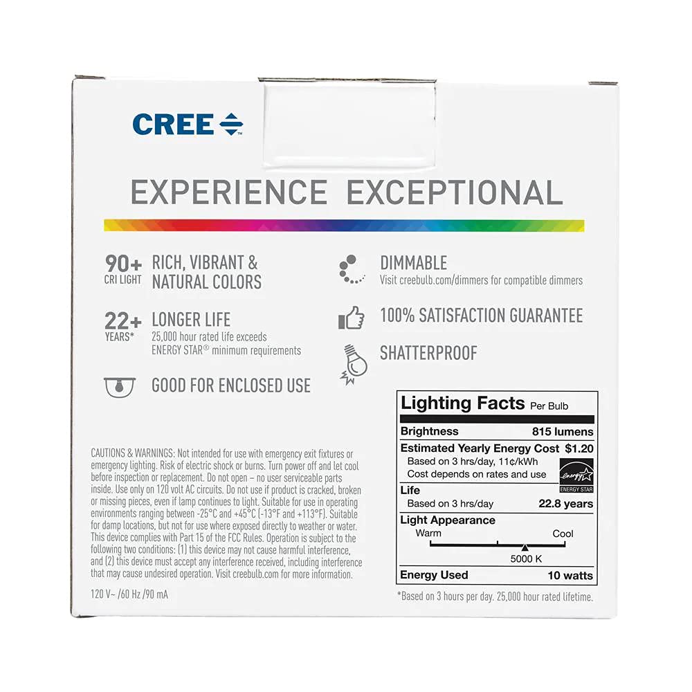 Cree Lighting A19 Led Bulb, 60W, 815 Lumens, 5000K Dimmable, Daylight, 2 Pack, Plastic