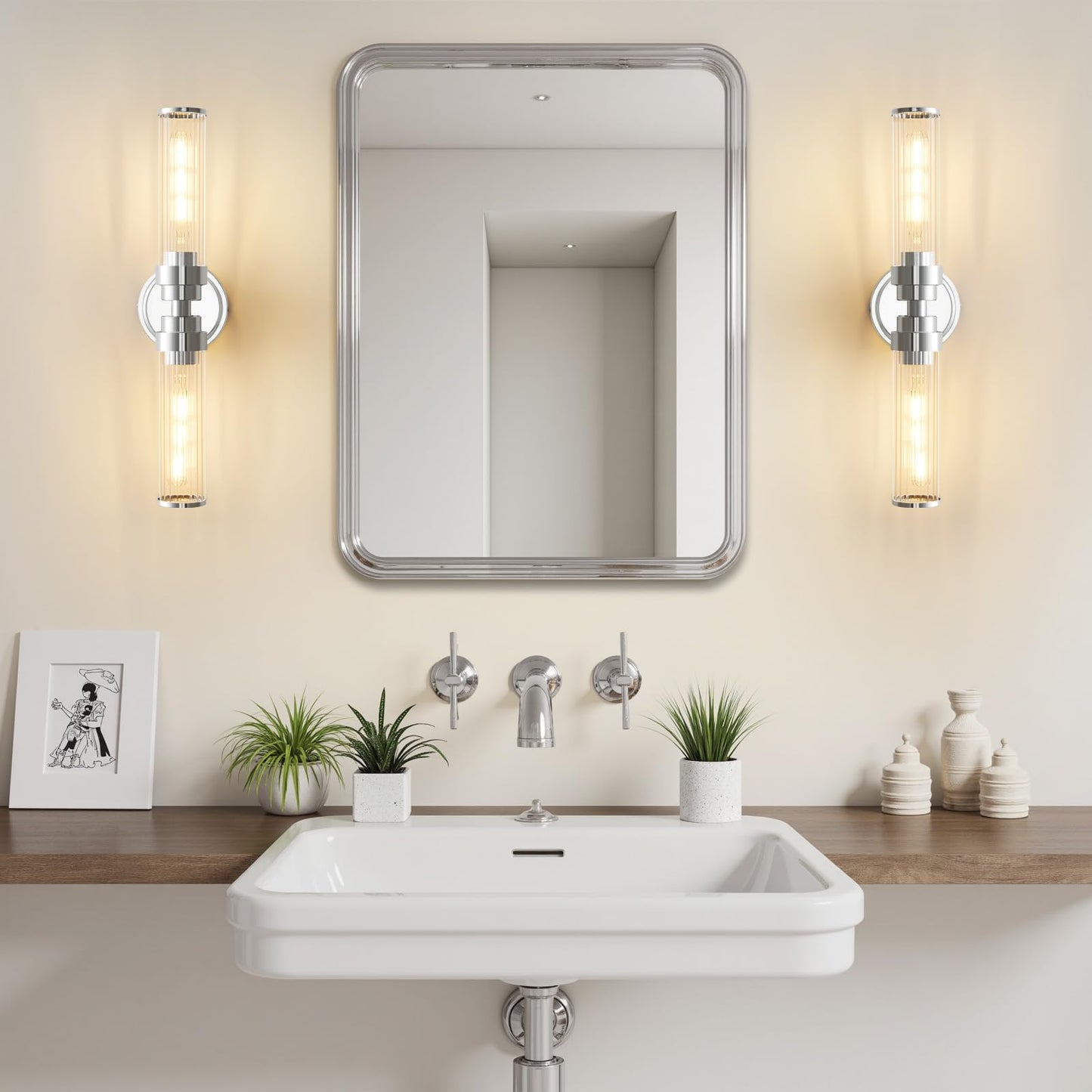 Vaziden Bathroom Light Fixtures  Chrome Wall Sconce In Threaded Glass Indoor Vanity Lights  Modern Bathroom Vanity Light Up And Down Sconces Wall Lighting For Bathroom  Living Room - Bulb Not Included
