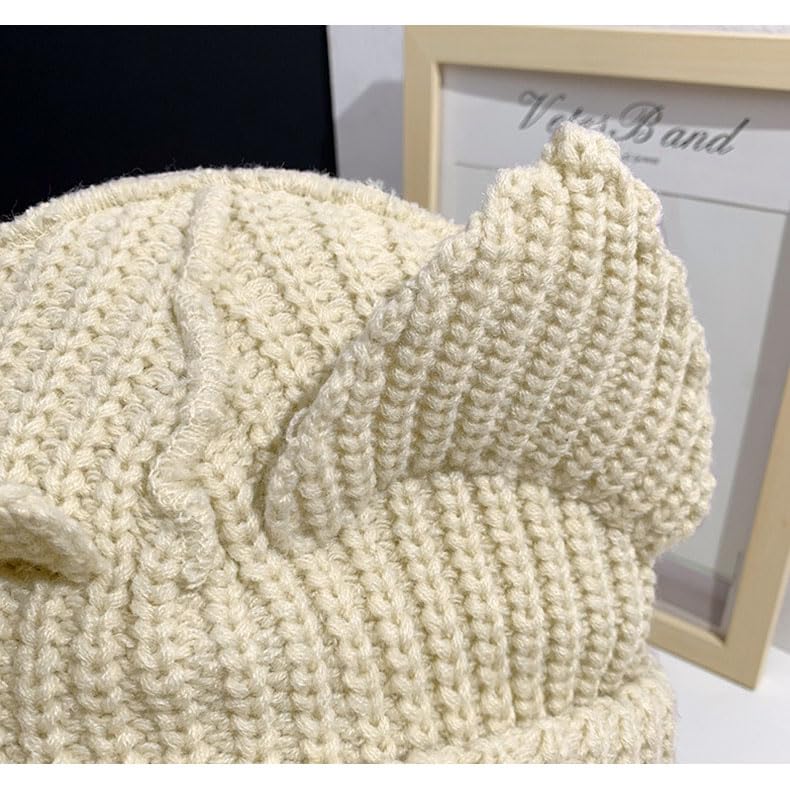 VPTMRP Cat Ear Knit Wool Cap Warm Slouchy Crochet Hat (Beige)