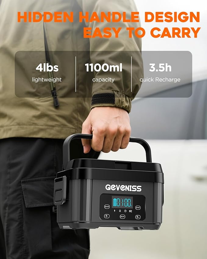 Cordless Electric Lunch Box for Adults – Battery-Powered Heated Lunch Box Food Warmer with 1.1L Stainless Steel Container, Timer Function, Leakproof, Portable for Work, Travel, Office