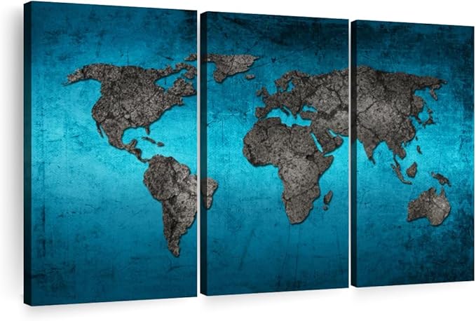 ElephantStock Ocean World Map Multi Piece Canvas - 3 Panel Wall Decor - Map of the World Art - Canvas for the Office and Home - 74" X 48"