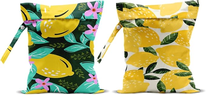 2Pcs Lemon Wet Bags 12x10 Inch, Flowers Waterproof Reusable Wet Dry Bags, Summer Washable Travel Laundry Bag for Swimsuit Beach Diapers Dirty Yoga Gym Clothes, Lemon Gifts for Women Friend Travelers