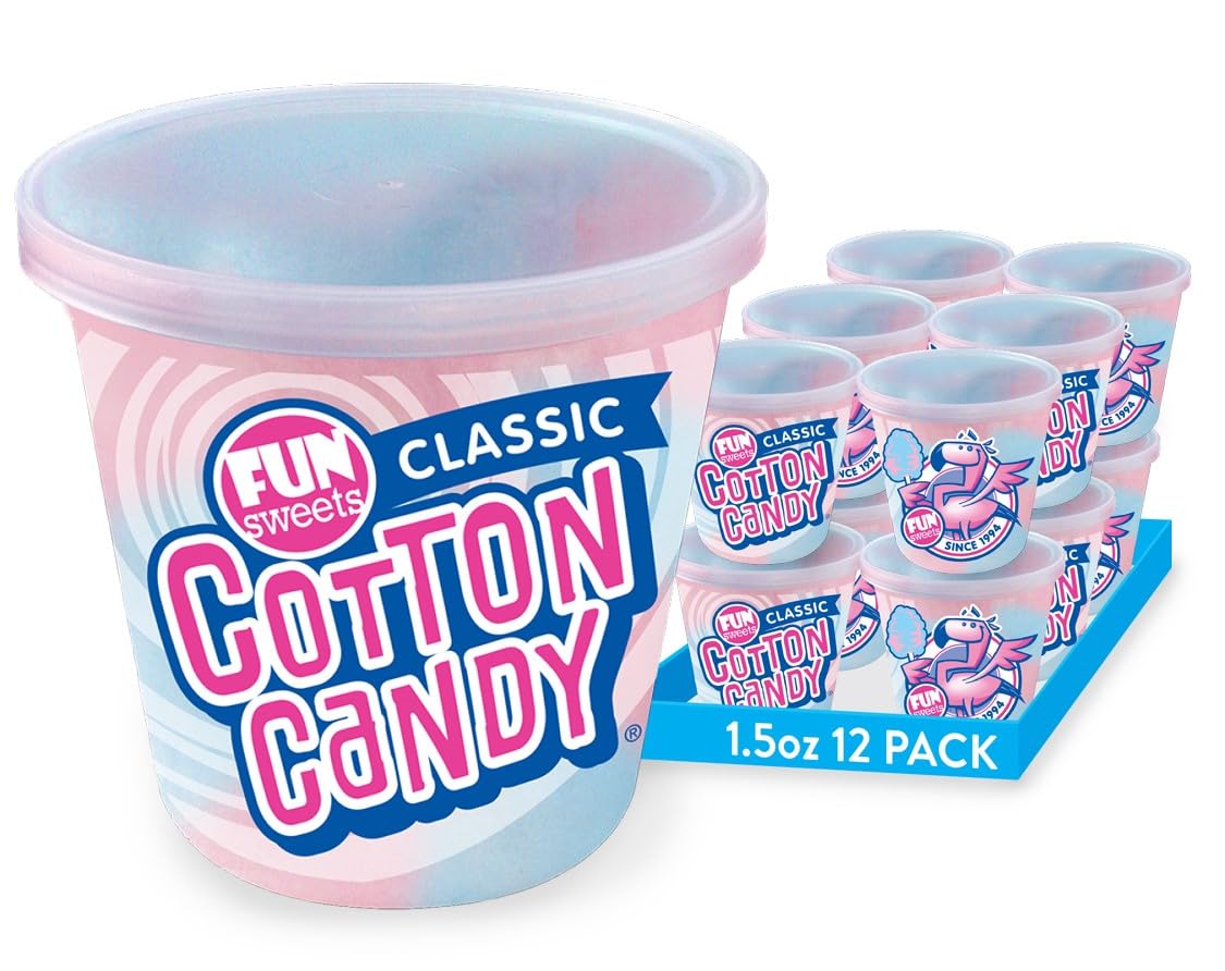 Fun Sweets Cotton Candy 12-Pack - Blue Raspberry and Cherry Swirl 1.5 oz Tub Resealable - Individual Cotton Candy Tubs Great for