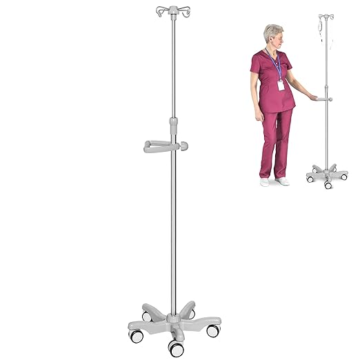 IV Pole with Wheels Medical Portable IV Stand Pole, IV Bag Stand with Removable IV Bag Holder, Adjustable Height Pole, 4 H...