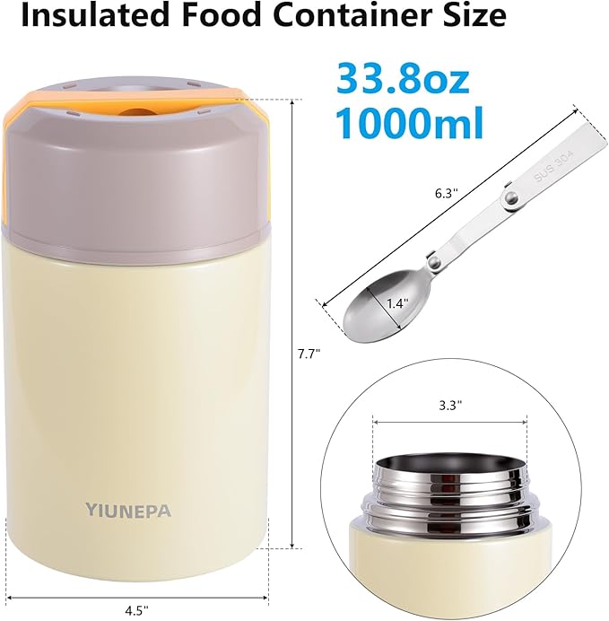 33.8oz Insulated Food Jar, 316 Stainless Steel Thermo for Hot Food, Leak-Proof Lunch Container for Construction, Truck Drivers, Work & Travel (Grey)