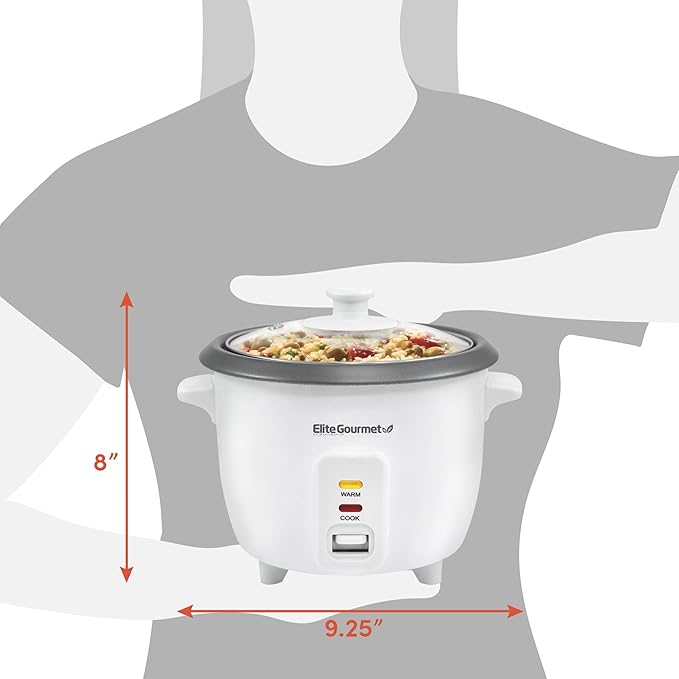 Elite Gourmet ERC-006NSTX Electric Rice Cooker with Non-Stick Inner Pot Makes Soups, Stews, Grains, Cereals, Keep Warm Feature, 6 Cups Cooked (3 Cups Uncooked), White