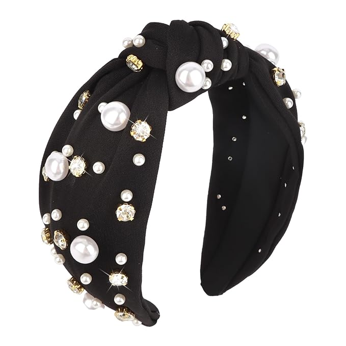 Brimekichio Black Headband for Women Girls Pearl Knotted Headband Clear Rhinestone Head Band Black Hair Accessories Women