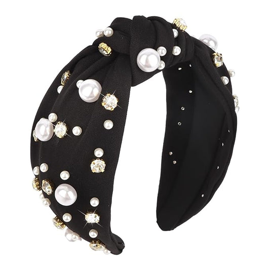 Brimekichio Black Headband for Women Girls Pearl Knotted Headband Clear Rhinestone Head Band Black Hair Accessories Women
