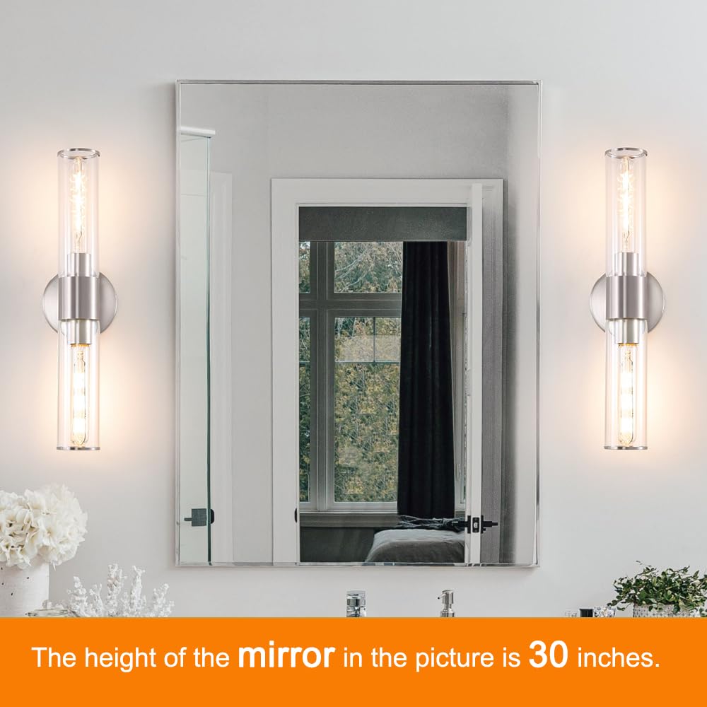 Brushed Nickel Bathroom Sconces Set Of 2  Modern Wall Sconce Lighting With Clear Glass  Harded Wired Wall Sconces Set Of Two  Wall Light Fixtures Over Mirror  Sconces Wall Lighting For Laundry  Porch