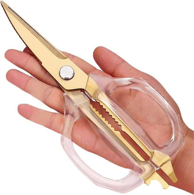 Jasni Transparent Handle Stainless Steel Sharp Powerful Kitchen Scissors Multi-Purpose Heavy Duty Food Scissors Kitchen Shears Chicken Poultry bone fish scales (White handle Gold blade)