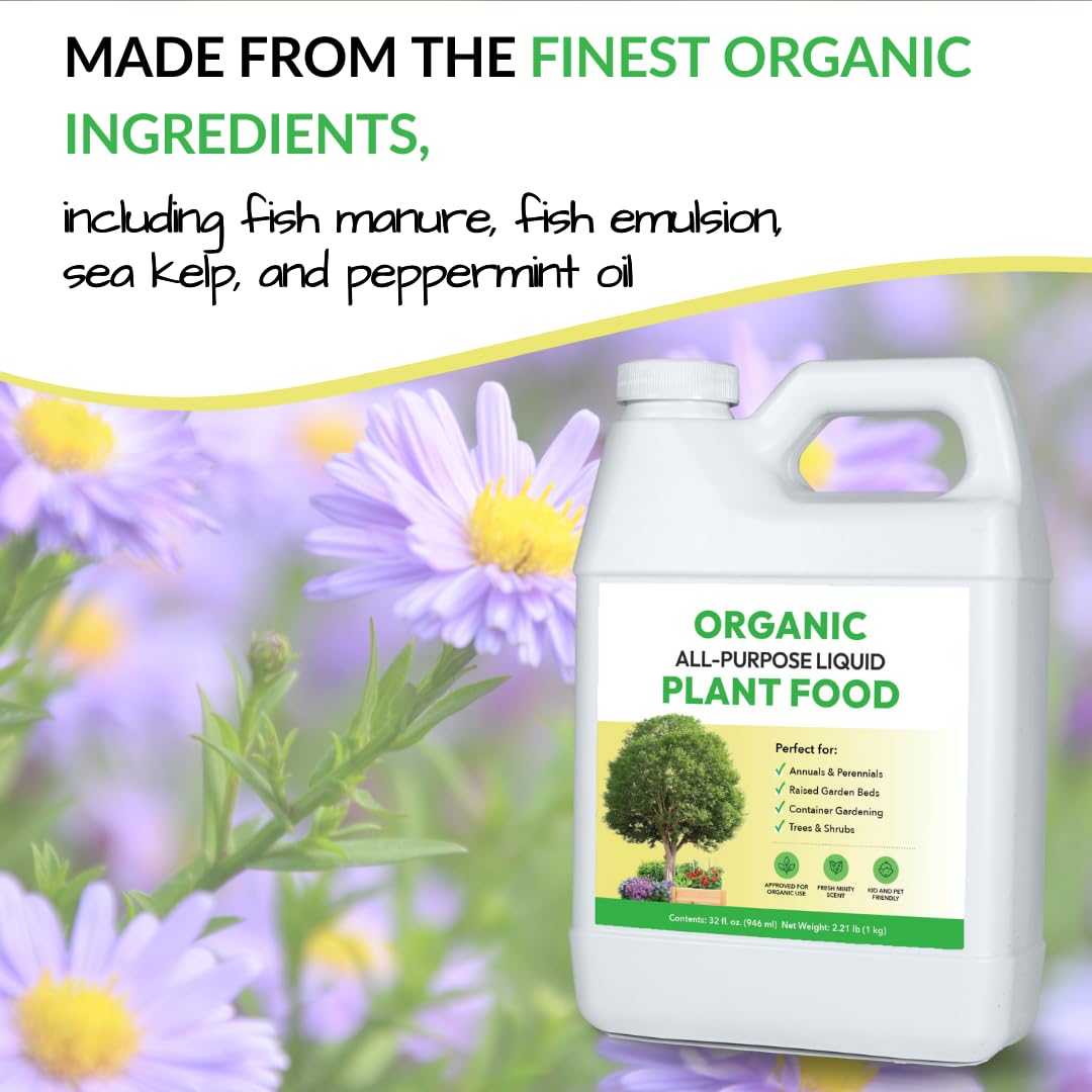 Organic All-Purpose Liquid Plant Food - Use on All Outdoor Plants: Flower Beds, Vegetable Gardens, Container Gardening | Concentrated Liquid Fertilizer Alternative (32oz, 2 Pack, Mixes to 64 Gallons)