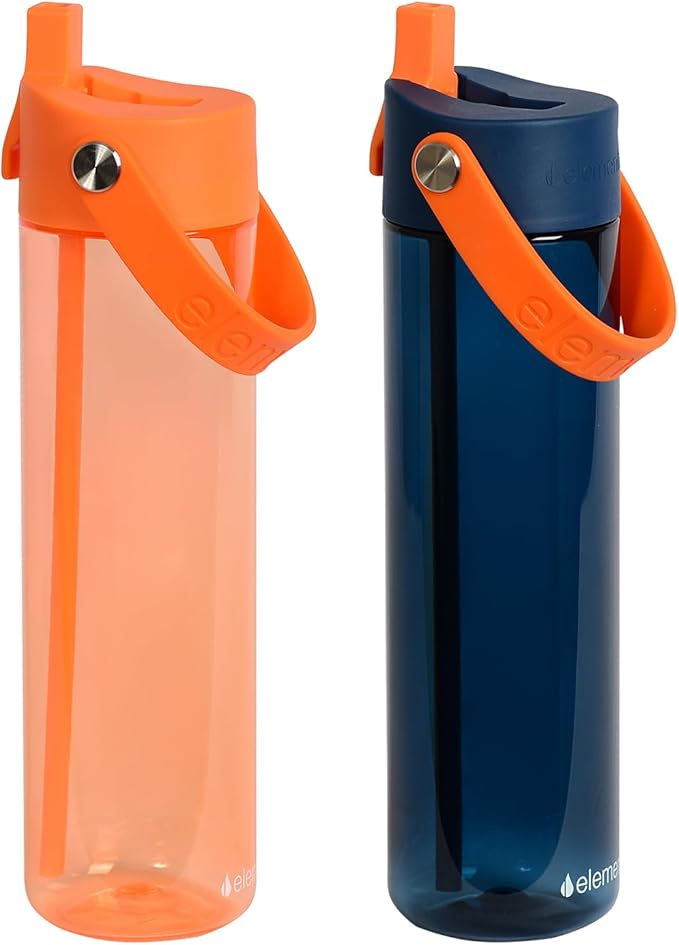 Elemental Splash Water Bottles - BPA-Free Tritan Plastic Reusable Water Bottle with Strap - Ideal for Gym and Sports Leak Proof when Spout is Closed - Orange & Marine Sunset - 26oz (2 Pack)