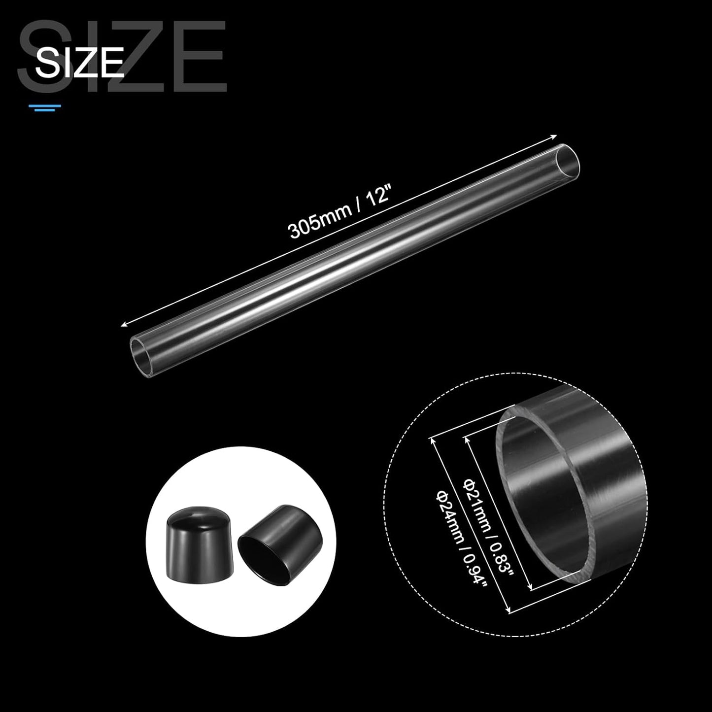 PATIKIL Clear Rigid Tube Round Plastic Tubing with Black Rubber Caps Polycarbonate Water Pipe, 305mm/ 12 Inch Length, 21mmx24mm/0.83"x0.94", 2 Set