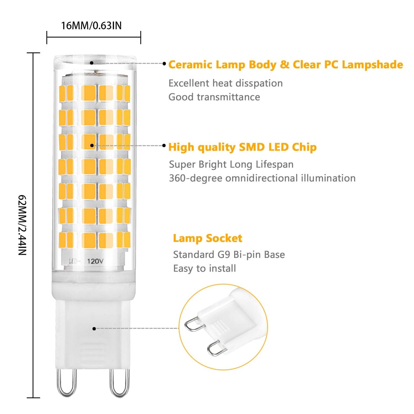 YUIIP G9 LED Bulb Dimmable 6W Warm White 3000K Ceramic Bi-pin Base, 530LM, 6 Pack