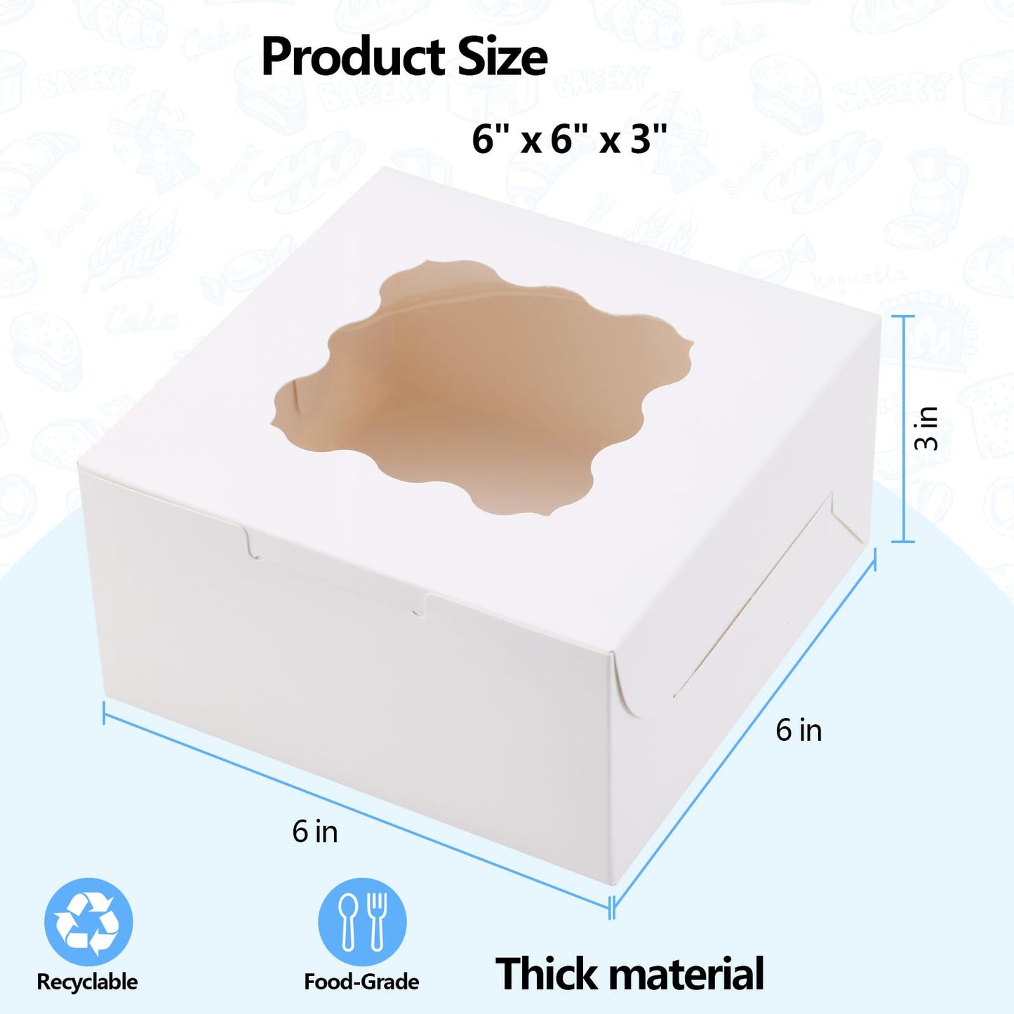 YODYZJ 20pcs White Cookie Boxes with Window, 6x6x3 inches Treat Boxes for Dessert, Strawberry, Bakery, Pastry, Candy, Truffle