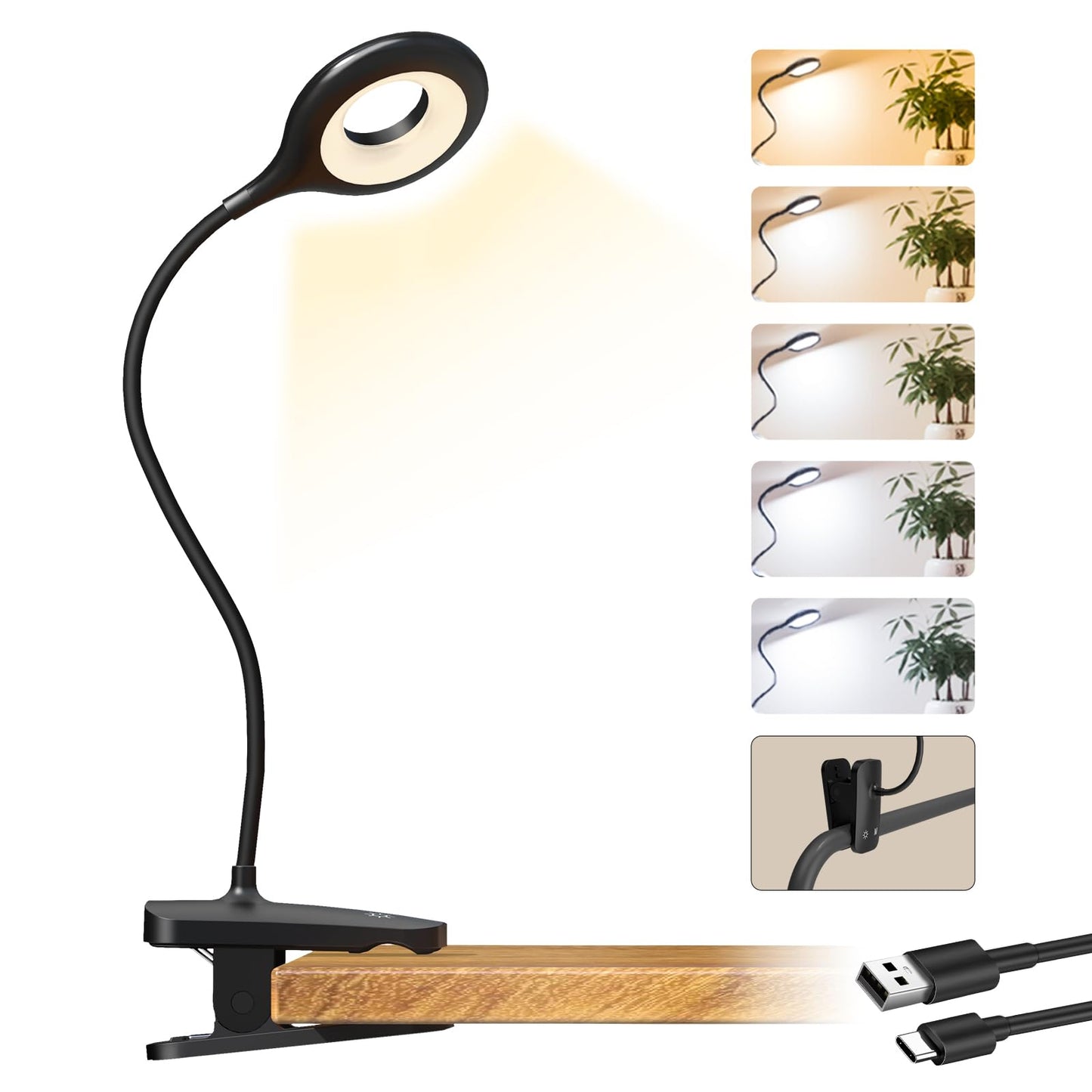 CUHIOY Book Reading Light, Dimmable Clip-On, 3 Colors & Brightness Levels, Flexible Arm, Round Head, Black, Model PH500