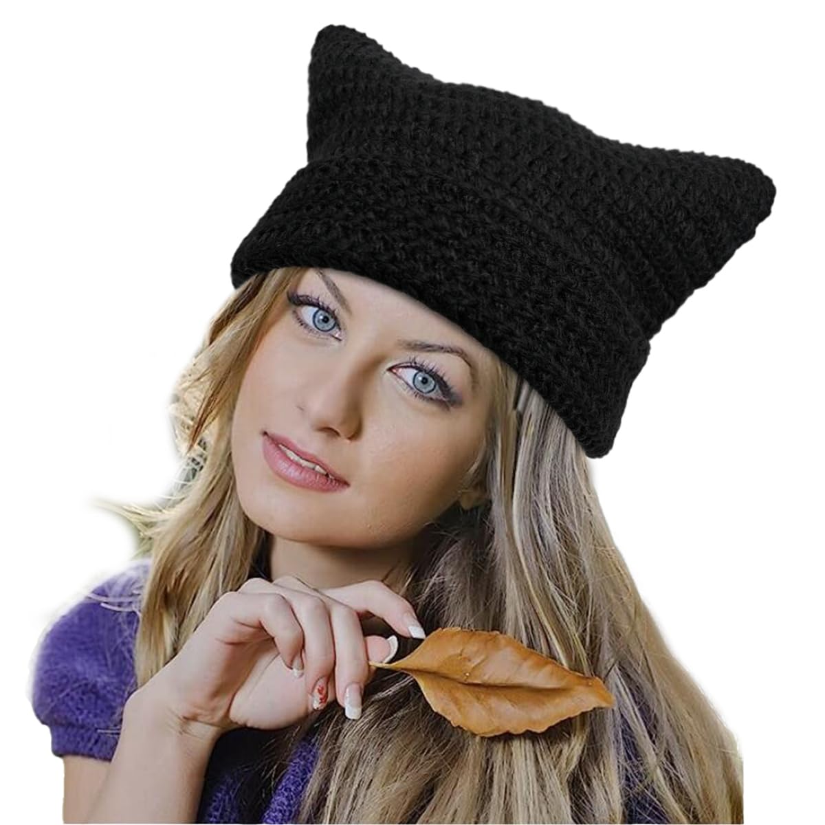 DANMY Women's Winter Beanie, Soft Knit Lazy Cat Ear Beanie, Black
