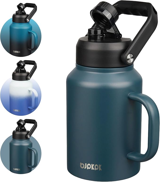 BJPKPK 64oz Insulated Water Bottle with Handle, Large Dishwasher Safe Half Gallon Water Bottle, BPA Free Water Jug, Wide Mouth Metal Flasks with Anti-slip Bottom, Keep Cold & Hot, Navy Blue
