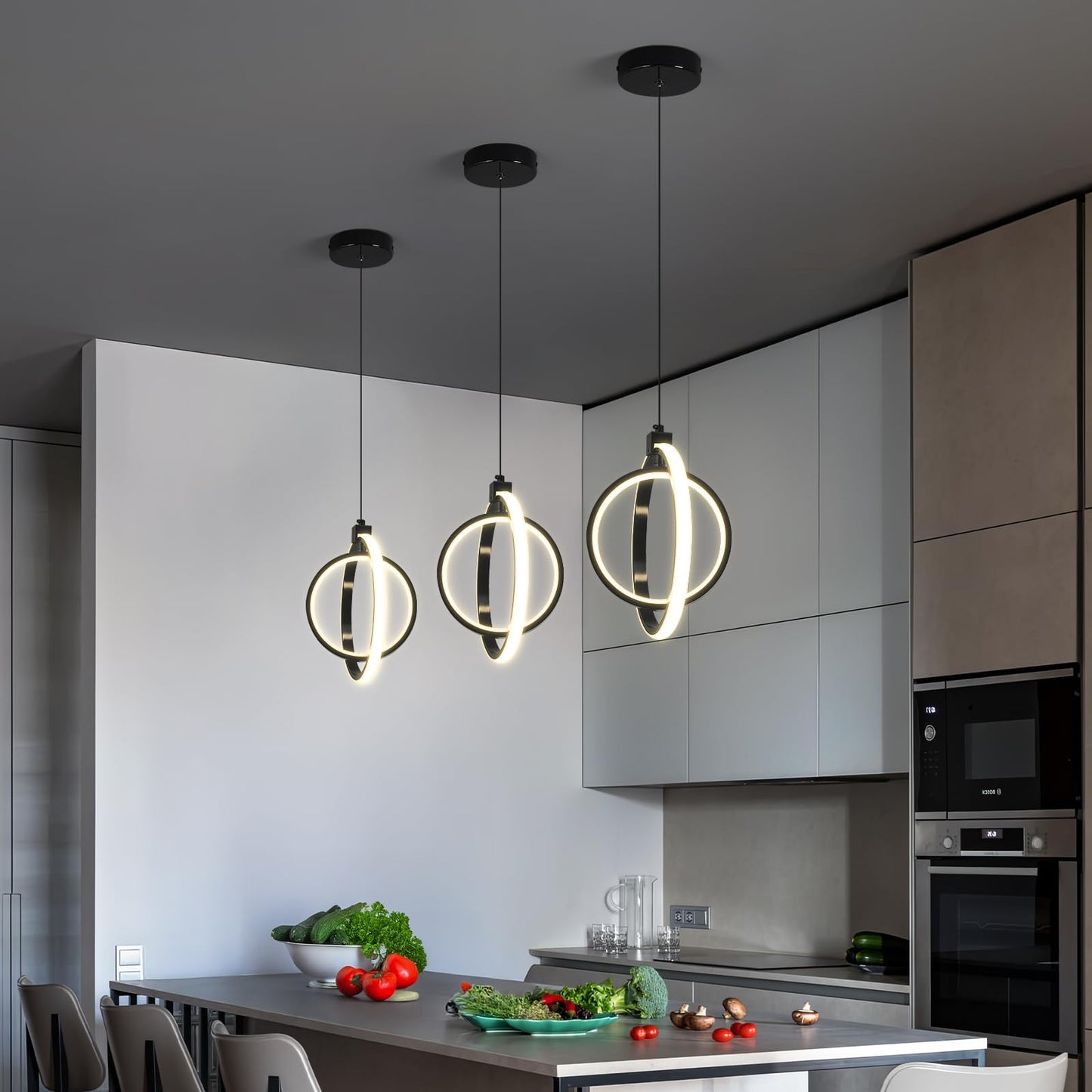 Bnhhlz Modern Led Pendant Lights Plated Black Farmhouse Ring Pendant Light Fixtures 4000K Dimmable Round Pendant Lighting For Dining Room Kitchen Island Bedroom Living Room Foyer(3-Pack)