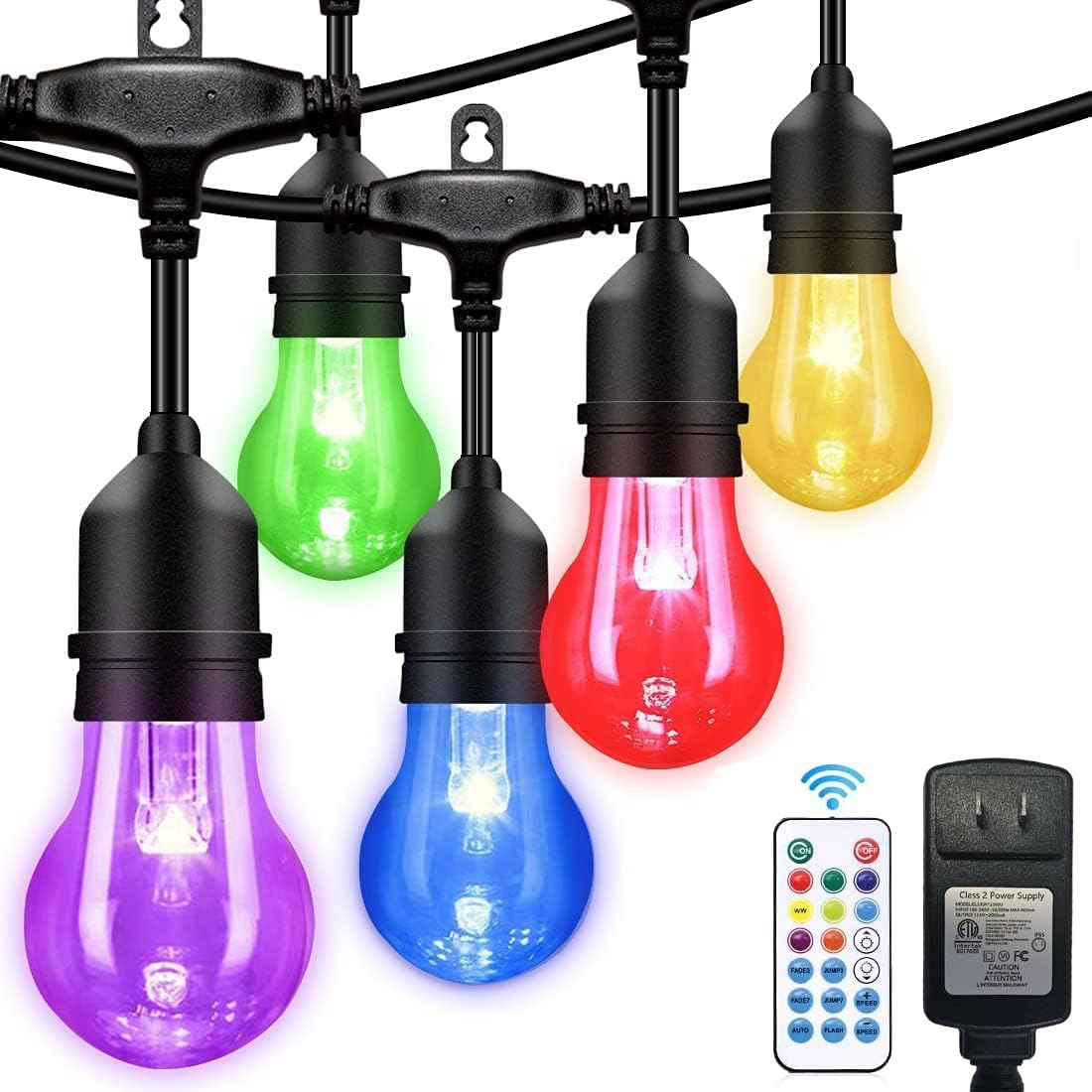 IPStank 105FT Outdoor String Lights, 32 Shatterproof E26 Edison LED Bulbs, Dimmable RGB, Waterproof, Multicolor, Model GLS22C2YC-A55-