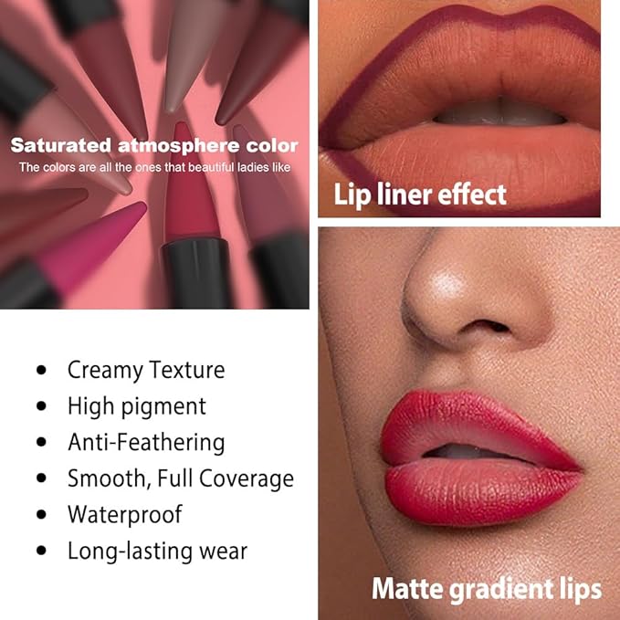 Maroon Gradient Matte Lipstick Crayon Lip Liner pencil,Crayon Form and Cone Tip 2-in-1 Lip Liner and Lipstick Lip Combo Set Achieve Flawless Contour Gradual Ombre Effect lip Pencil for Old Women