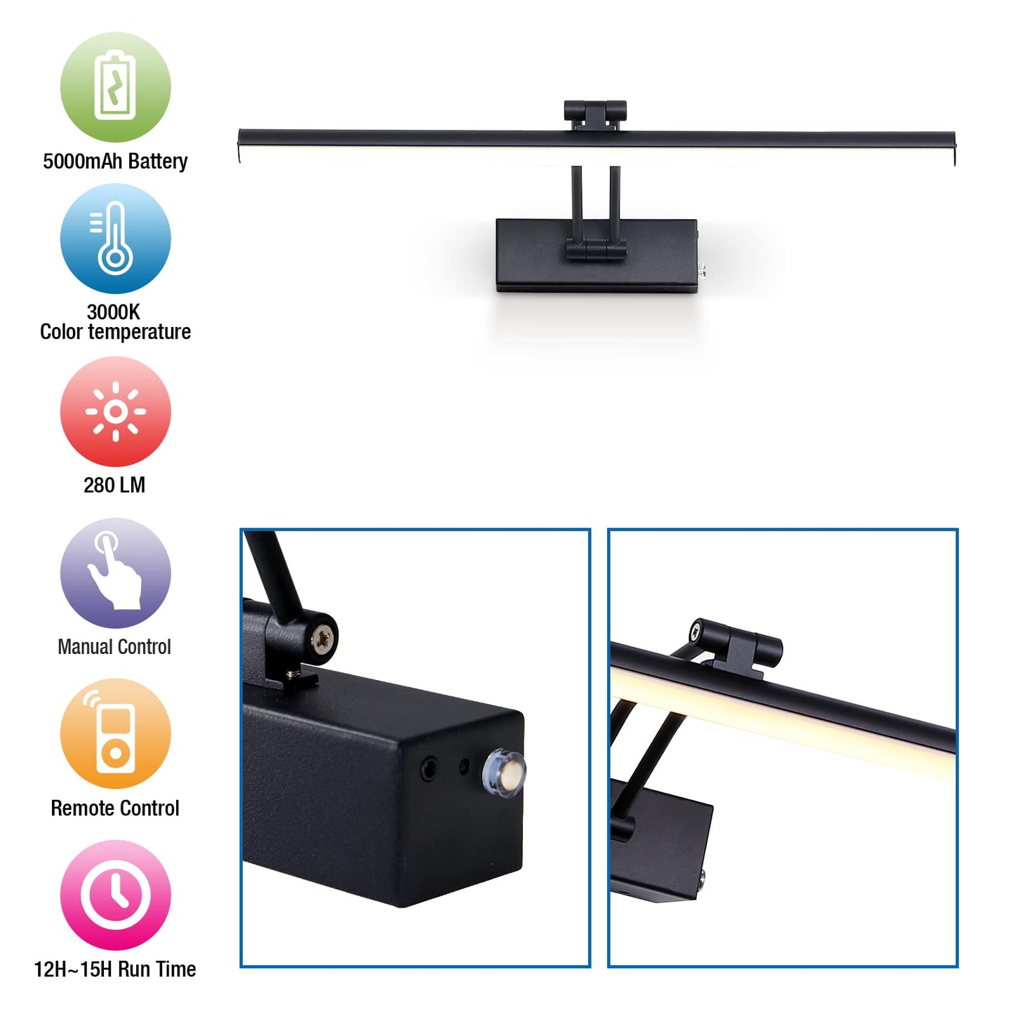 Howmzon Wireless Picture Light  16 Inches  Battery Operated  Dimmable Black Metal Led Art Light For Wall Sconce