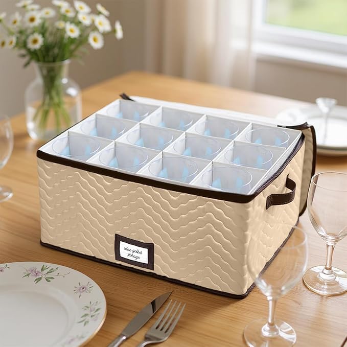 Wine Glass Storage Box with Dividers - Stemware Storage Case, Durable Quilted Microfiber Bin with Carry Handles, Protects Fine China - Durable Quilted Microfiber Bin with Carry Handles (1 Pack, Red Wine Glass)