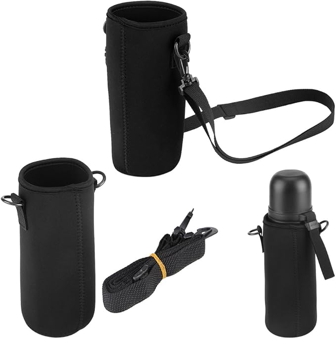 Dioche Water Bottle Sleeve with Strap, Soft Water Bottle Carrying Pouch, Drink Bottle Holder Bag for Outdoor Camping Hiking Fishing(15cm-Black)