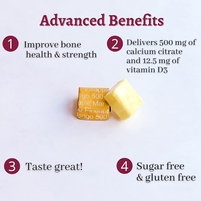 Bariatric Advantage Calcium Citrate Chewy Bites 500 mg - for Bariatric Surgery Patients - Vitamin D3 - Sugar-Free Chewable Calcium Supplement - Bariatric Chews - Pineapple Mango - 90 Count