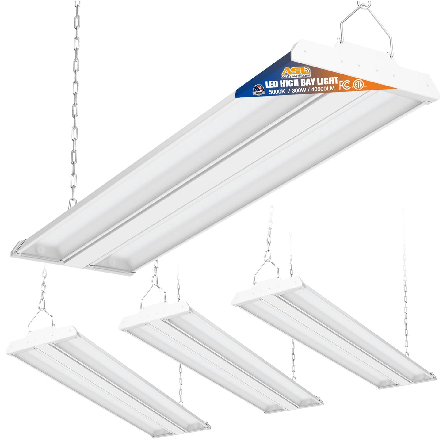 Allsmartlife Led High Bay Light 4-Pack, 5000K Daylight, 300W, Etl, Aluminum, Adjustable Tilt, White