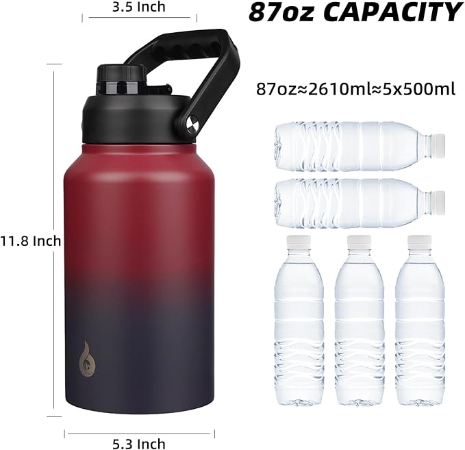 BJPKPK 87oz Insulated Water Bottle, Dishwasher Safe 2/3 Gallon Water Bottle with Ergonomic Handle, BPA Free Leak Proof Water Jug,Stainless Steel Flasks with Anti-slip Bottom, Charming Red