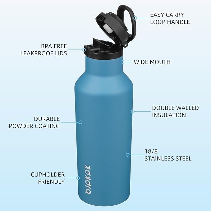 BJPKPK Insulated Water Bottle With Straw 17oz Stainless Steel Water Bottles With 2 Lids And Carry Handle Reusable Travel Metal Thermal Flask,Sea Blue