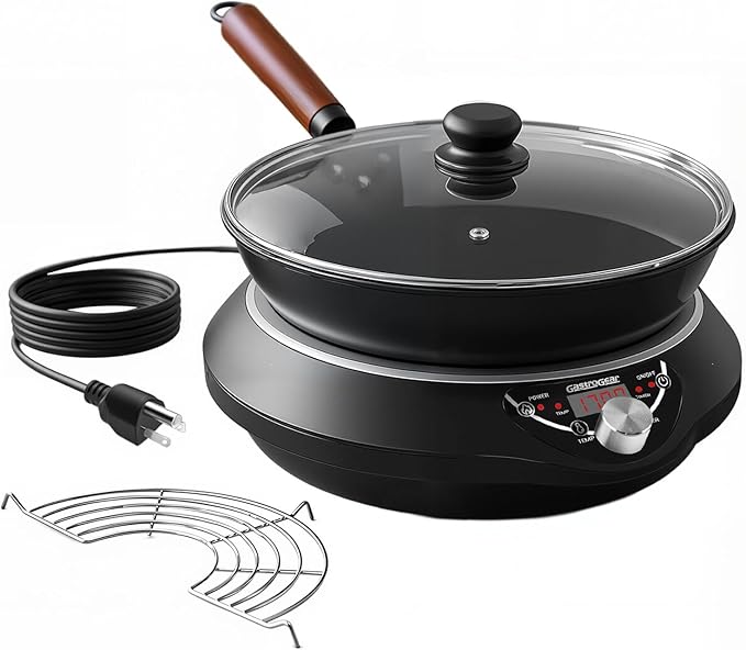 Induction Wok Cooktop Set, 2025 New & Improved Electric Skillet Induction Burner w/Carbon Steel Wok, Glass Vented Lid, Rack, 176°F to 464°F, 18 Hrs Timer, Auto-off (Black 110V~120V)