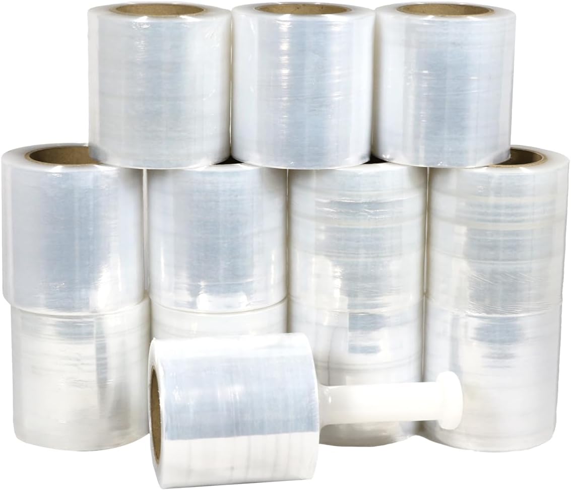 Mini Stretch Wrap for Packing with Handles, 12 Pack, 5 Inch x 1000 Feet, 50 Gauge, Durable Clear Plastic wrap for Moving, Packing wrap Plastic roll Also a Furniture Wrap