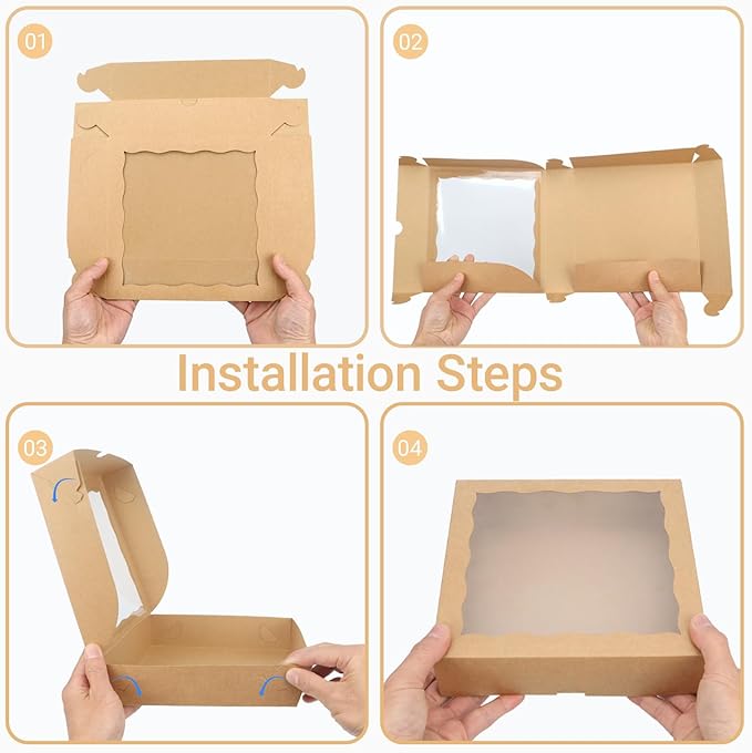 Brown Bakery Boxes with Window (12pcs, 9x9x2.5 Inch) for Christmas: Ideal for Pie, Cookies, Chocolate Covered Strawberries, Breakable Heart & Charcuterie