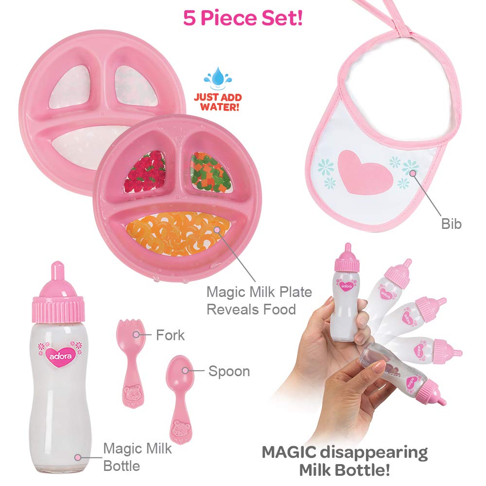 Adora Baby Doll Accessory and Magic Feeding Set, Includes Magic Plate, Disappearing Milk Bottle, Bib, Fork, and Spoon, Birthday Gift For Ages 2+