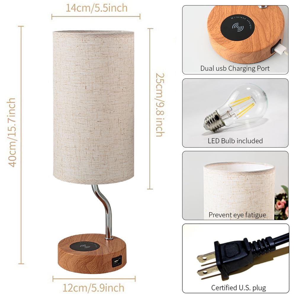 Artoomizz Smart Bedside Table Lamp Set of 2 - Touch Control LED, Dimmable, Wooden, Fabric Shade, Cream