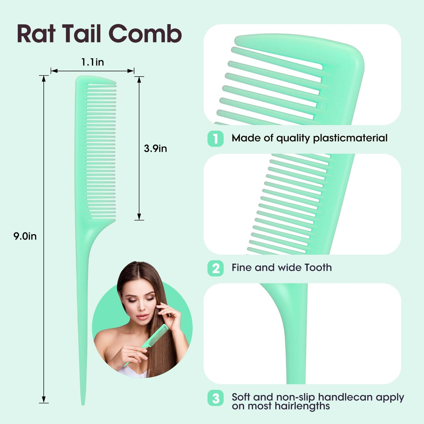 Rat Tail Comb Set-3Pcs Rat Tail Hair Teasing Fine Tooth Combs for Women Girls, Parting &Hair Styling Tools(Black Pink Green)