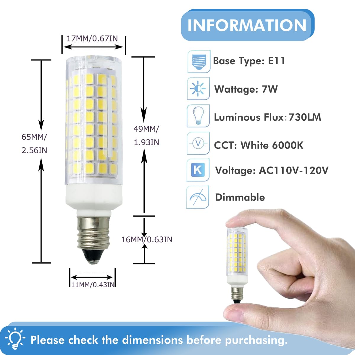Zssxoled [Pack Of 8] E11 Led Bulb 7W Dimmable E11 Mini Candelabra Base 75W Halogen Equivalent  T3/T4 Jd E11 Led Light Bulb For Chandelier Cabinet Ceiling Fan Decorative Lighting White 6000K