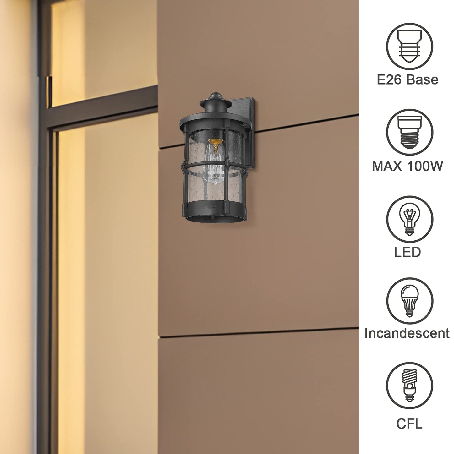 Rosient Outdoor Wall Sconces - Exterior Wall Mount Lighting Fixture In Black Finish With Seeded Glass (2 Pack)