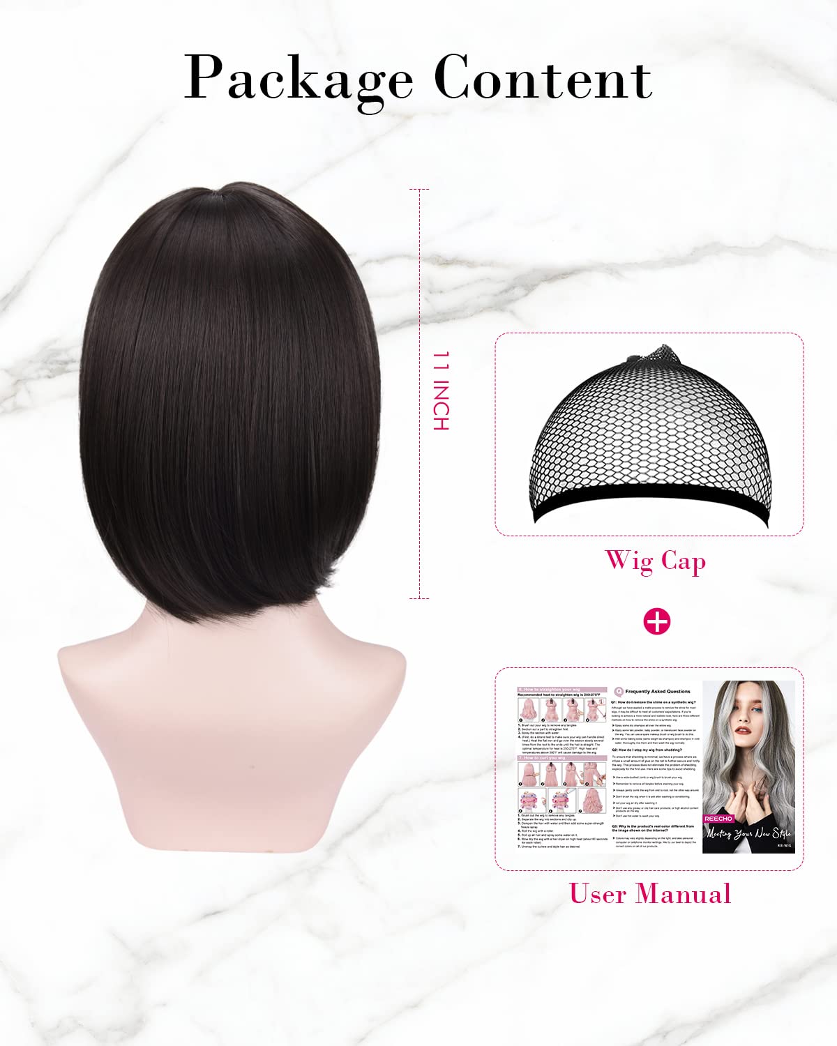 REECHO 11 Short Bob Wig with bangs Synthetic Hair for White Black Women Color: Dark Brown