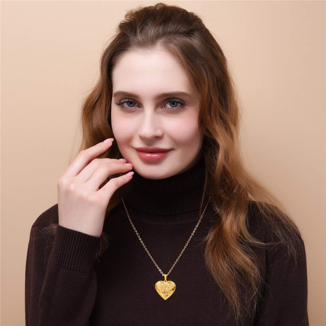 U7 Heart Locket Necklace with Blooming Flower Grain 18K Real Gold Plated Cable Link Chain Photo Locket Pendant for Women