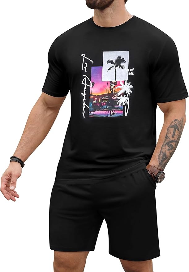 LecGee Men's Hawaiian Short Sleeve Tracksuit Summer T Shirt & Shorts set Aloha Tropical Two Piece Casual Daily Beach